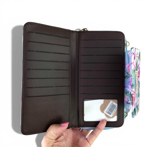 Cotton Road Wallet: Large BLUE FLORAL PVC Cellphone Sling Wallet