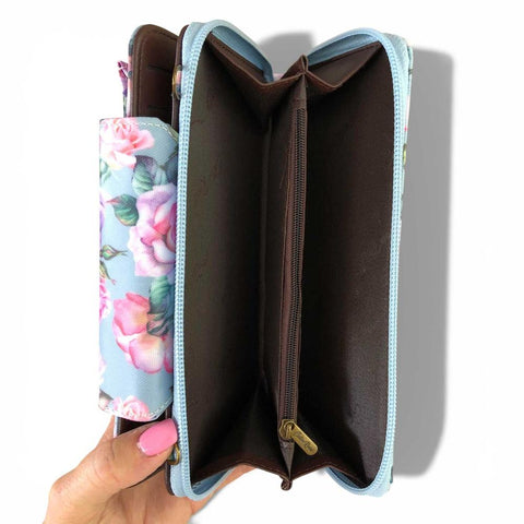 Cotton Road Wallet: Large BLUE FLORAL PVC Cellphone Sling Wallet