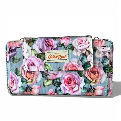 Cotton Road Wallet: Large BLUE FLORAL PVC Cellphone Sling Wallet