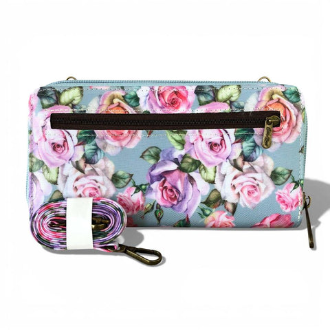Cotton Road Wallet: Large BLUE FLORAL PVC Cellphone Sling Wallet