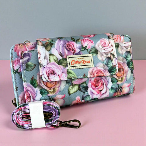 Cotton Road Wallet: Large BLUE FLORAL PVC Cellphone Sling Wallet