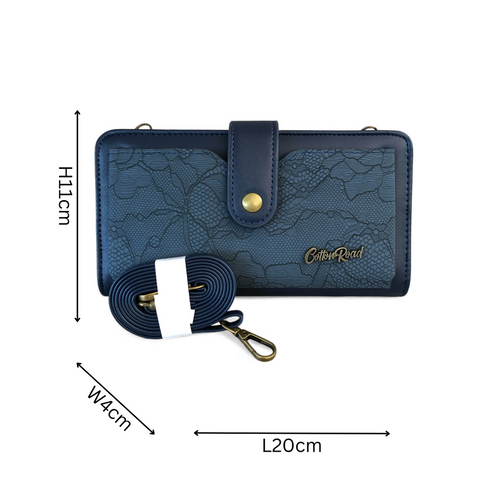 Cotton Road Wallet: Large BLUE PU Leather Cellphone Sling Wallet with LACE Print