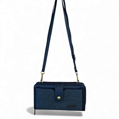 Cotton Road Wallet: Large BLUE PU Leather Cellphone Sling Wallet with LACE Print
