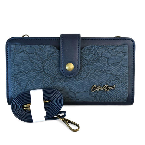 Cotton Road Wallet: Large BLUE PU Leather Cellphone Sling Wallet with LACE Print