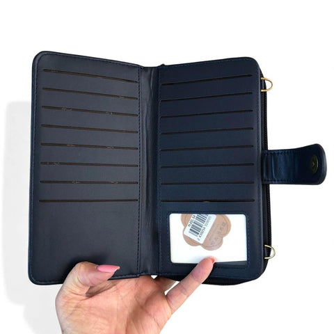 Cotton Road Wallet: Large BLUE PU Leather Cellphone Sling Wallet with LACE Print