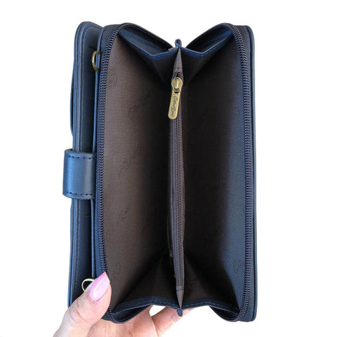 Cotton Road Wallet: Large BLUE PU Leather Cellphone Sling Wallet with LACE Print