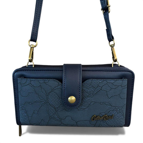Cotton Road Wallet: Large BLUE PU Leather Cellphone Sling Wallet with LACE Print