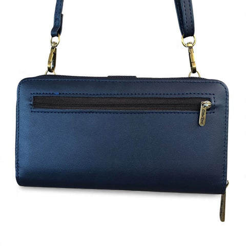 Cotton Road Wallet: Large BLUE PU Leather Cellphone Sling Wallet with LACE Print
