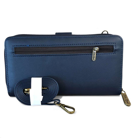 Cotton Road Wallet: Large BLUE PU Leather Cellphone Sling Wallet with LACE Print