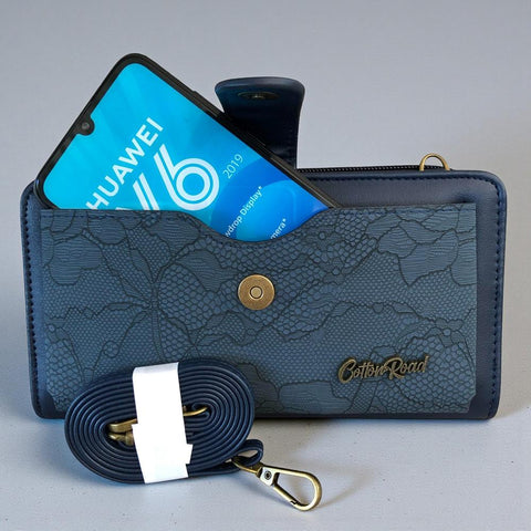 Cotton Road Wallet: Large BLUE PU Leather Cellphone Sling Wallet with LACE Print