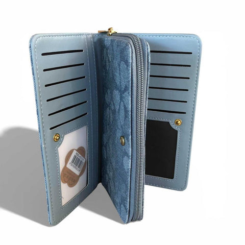 Cotton Road Wallet: Large BLUE PU Leather Wallet with FLORAL detailing