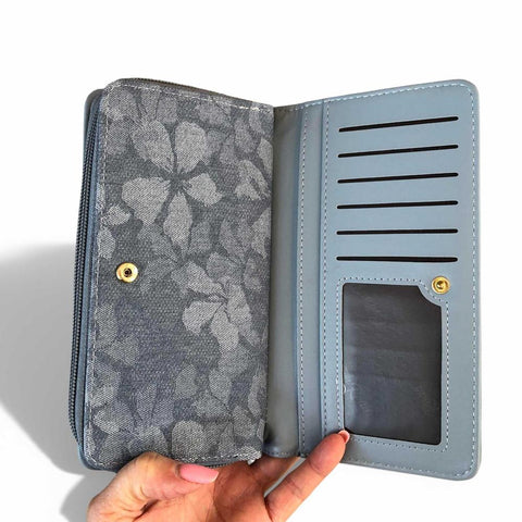 Cotton Road Wallet: Large BLUE PU Leather Wallet with FLORAL detailing