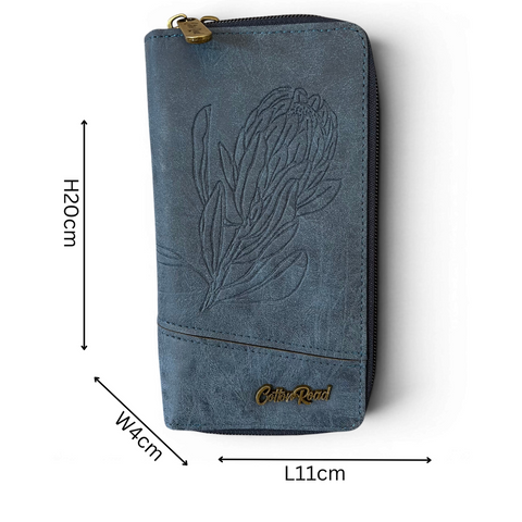 Cotton Road Wallet: Large BLUE PU Leather with PROTEA Design