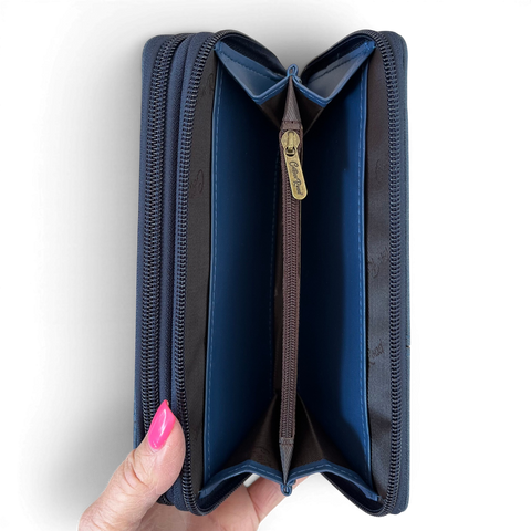 Cotton Road Wallet: Large BLUE PU Leather with PROTEA Design