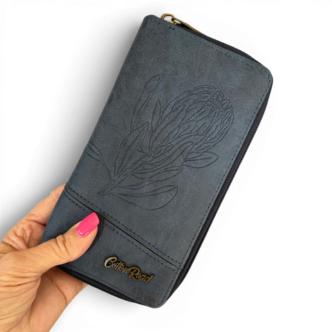Cotton Road Wallet: Large BLUE PU Leather with PROTEA Design