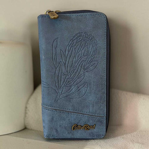 Cotton Road Wallet: Large BLUE PU Leather with PROTEA Design