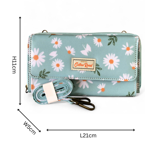 Cotton Road Wallet: Large BLUE PVC Cellphone Sling Wallet with DAISIES