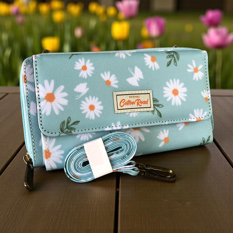 Cotton Road Wallet: Large BLUE PVC Cellphone Sling Wallet with DAISIES