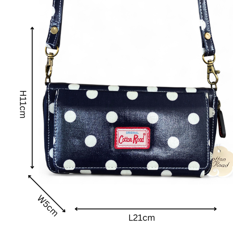 Cotton Road Wallet: Large BLUE PVC Cellphone Sling Wallet with DOTS