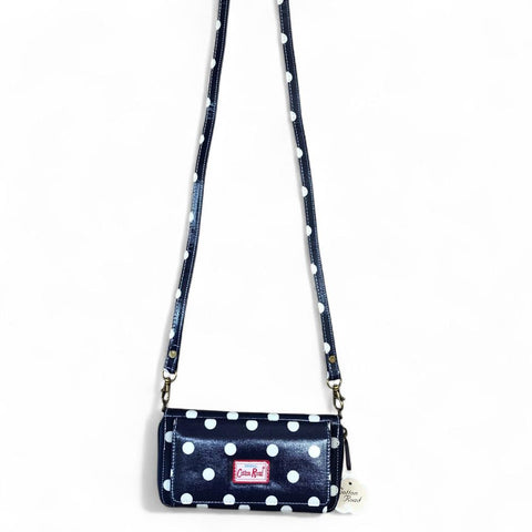 Cotton Road Wallet: Large BLUE PVC Cellphone Sling Wallet with DOTS