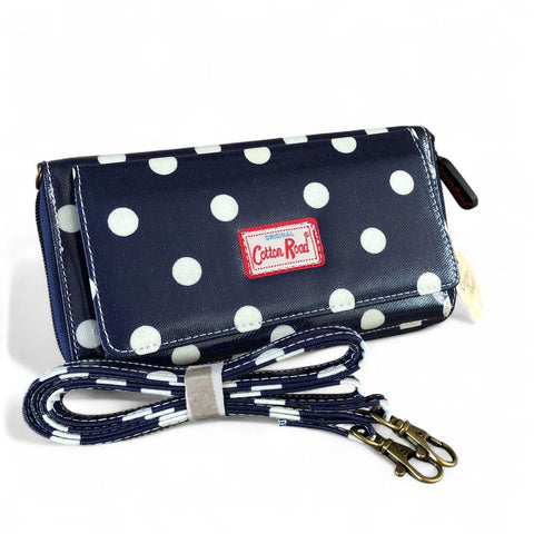 Cotton Road Wallet: Large BLUE PVC Cellphone Sling Wallet with DOTS