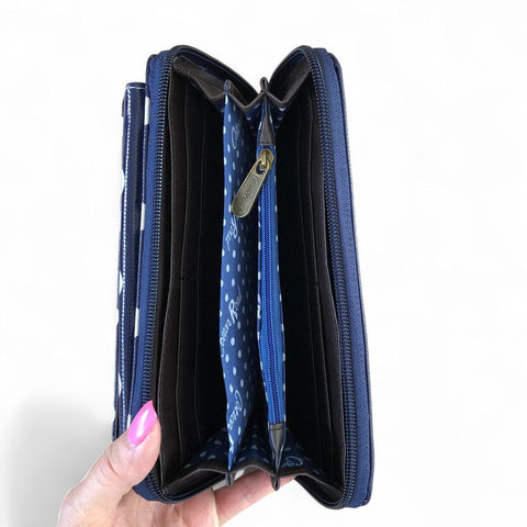 Cotton Road Wallet: Large BLUE PVC Cellphone Sling Wallet with DOTS