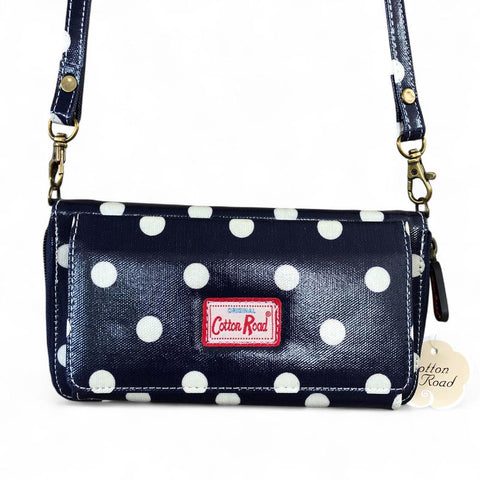 Cotton Road Wallet: Large BLUE PVC Cellphone Sling Wallet with DOTS