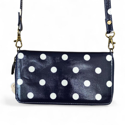 Cotton Road Wallet: Large BLUE PVC Cellphone Sling Wallet with DOTS