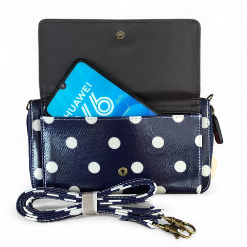 Cotton Road Wallet: Large BLUE PVC Cellphone Sling Wallet with DOTS