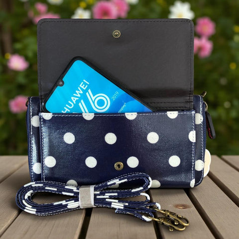 Cotton Road Wallet: Large BLUE PVC Cellphone Sling Wallet with DOTS