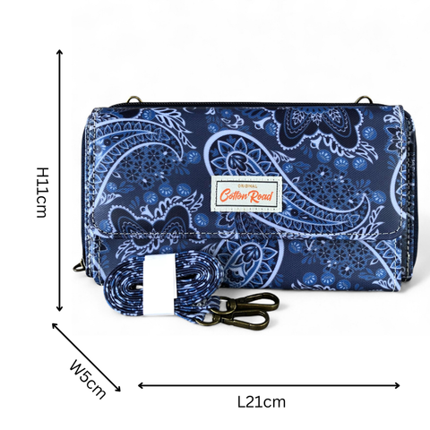 Cotton Road Wallet: Large BLUE PVC Cellphone Sling Wallet with PAISLEY detailing