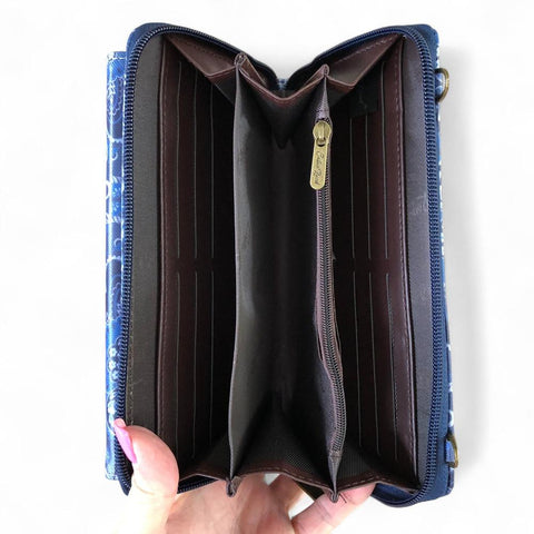 Cotton Road Wallet: Large BLUE PVC Cellphone Sling Wallet with PAISLEY detailing