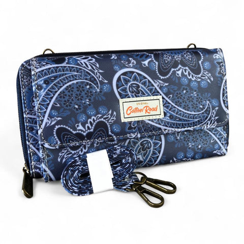 Cotton Road Wallet: Large BLUE PVC Cellphone Sling Wallet with PAISLEY detailing