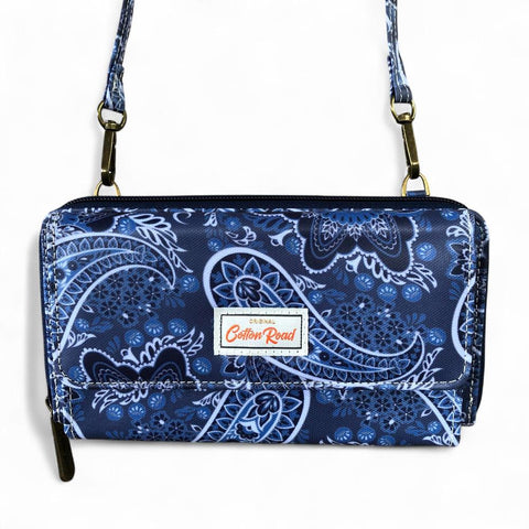 Cotton Road Wallet: Large BLUE PVC Cellphone Sling Wallet with PAISLEY detailing