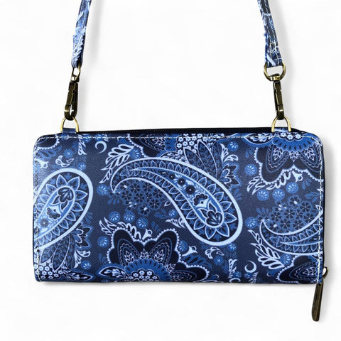 Cotton Road Wallet: Large BLUE PVC Cellphone Sling Wallet with PAISLEY detailing