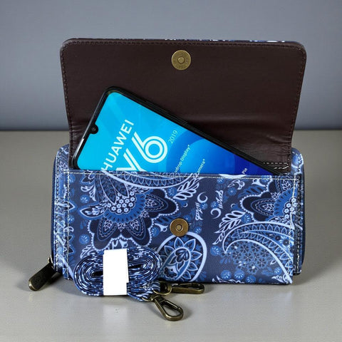 Cotton Road Wallet: Large BLUE PVC Cellphone Sling Wallet with PAISLEY detailing