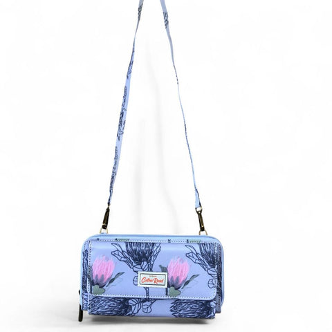 Cotton Road Wallet: Large BLUE PVC Cellphone Sling Wallet with PROTEAS