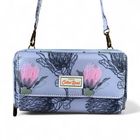 Cotton Road Wallet: Large BLUE PVC Cellphone Sling Wallet with PROTEAS