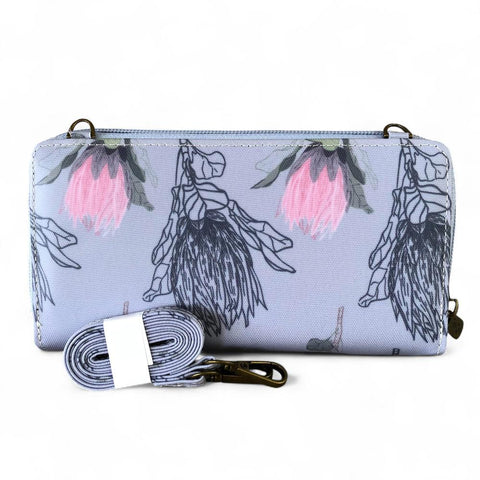 Cotton Road Wallet: Large BLUE PVC Cellphone Sling Wallet with PROTEAS