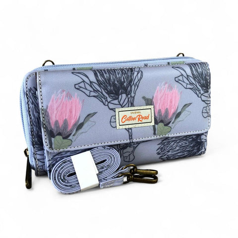 Cotton Road Wallet: Large BLUE PVC Cellphone Sling Wallet with PROTEAS