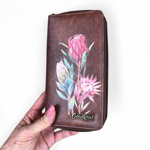 Cotton Road Wallet: Large BROWN PU LEATHER Wallet with PROTEA