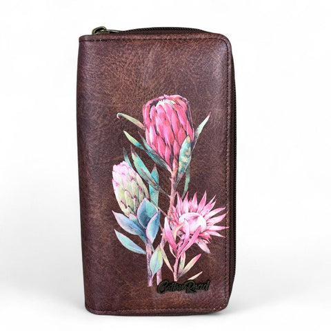 Cotton Road Wallet: Large BROWN PU LEATHER Wallet with PROTEA