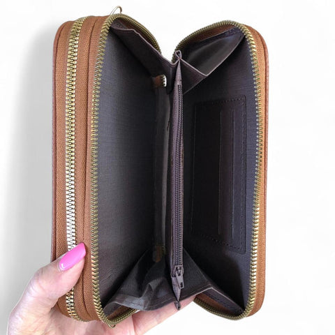 Cotton Road Wallet: Large BROWN PU Leather Cellphone Sling Wallet