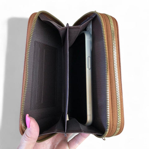 Cotton Road Wallet: Large BROWN PU Leather Cellphone Sling Wallet