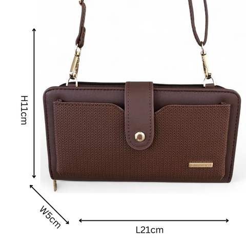Cotton Road Wallet: Large BROWN PU Leather Cellphone Sling Wallet with PATTERNED Pocket