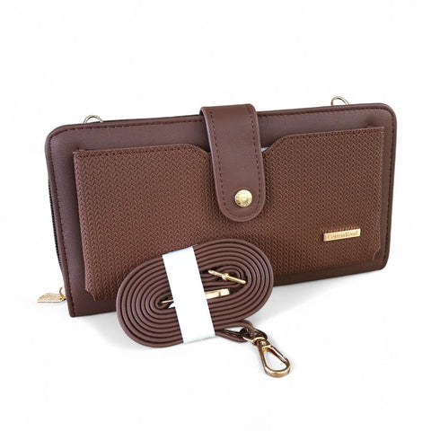Cotton Road Wallet: Large BROWN PU Leather Cellphone Sling Wallet with PATTERNED Pocket