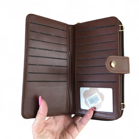 Cotton Road Wallet: Large BROWN PU Leather Cellphone Sling Wallet with PATTERNED Pocket