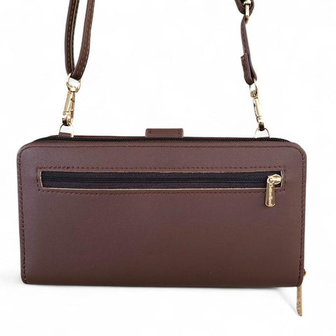 Cotton Road Wallet: Large BROWN PU Leather Cellphone Sling Wallet with PATTERNED Pocket
