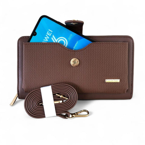 Cotton Road Wallet: Large BROWN PU Leather Cellphone Sling Wallet with PATTERNED Pocket