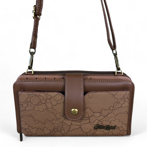 Cotton Road Wallet: Large BROWN PU Leather Cellphone Sling with LACE Print